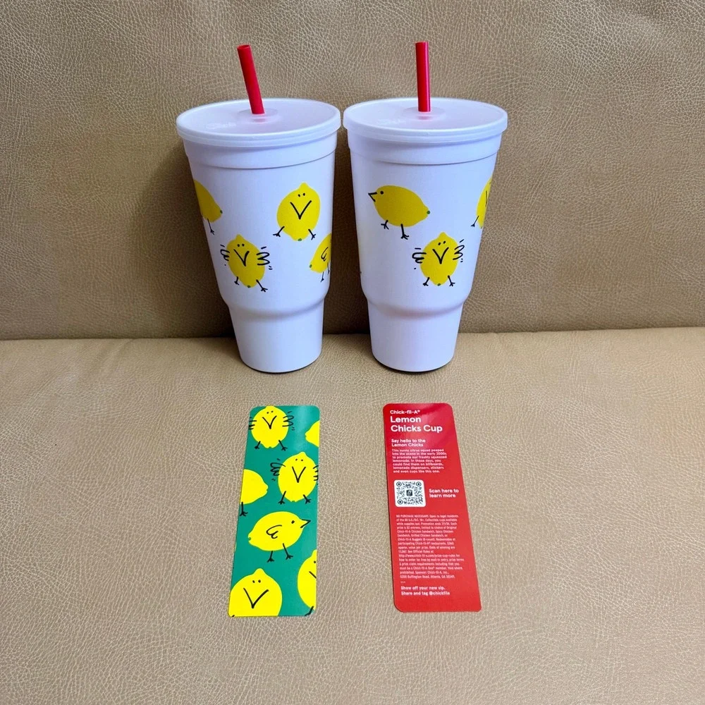 Chick-fil-A Lemon Chicks Cup Set of 2 White Plastic Tumblers with Lids & Straws